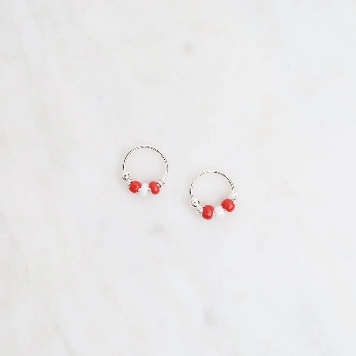 8mm Sterling Silver Sleeper Hoops with Red Beads