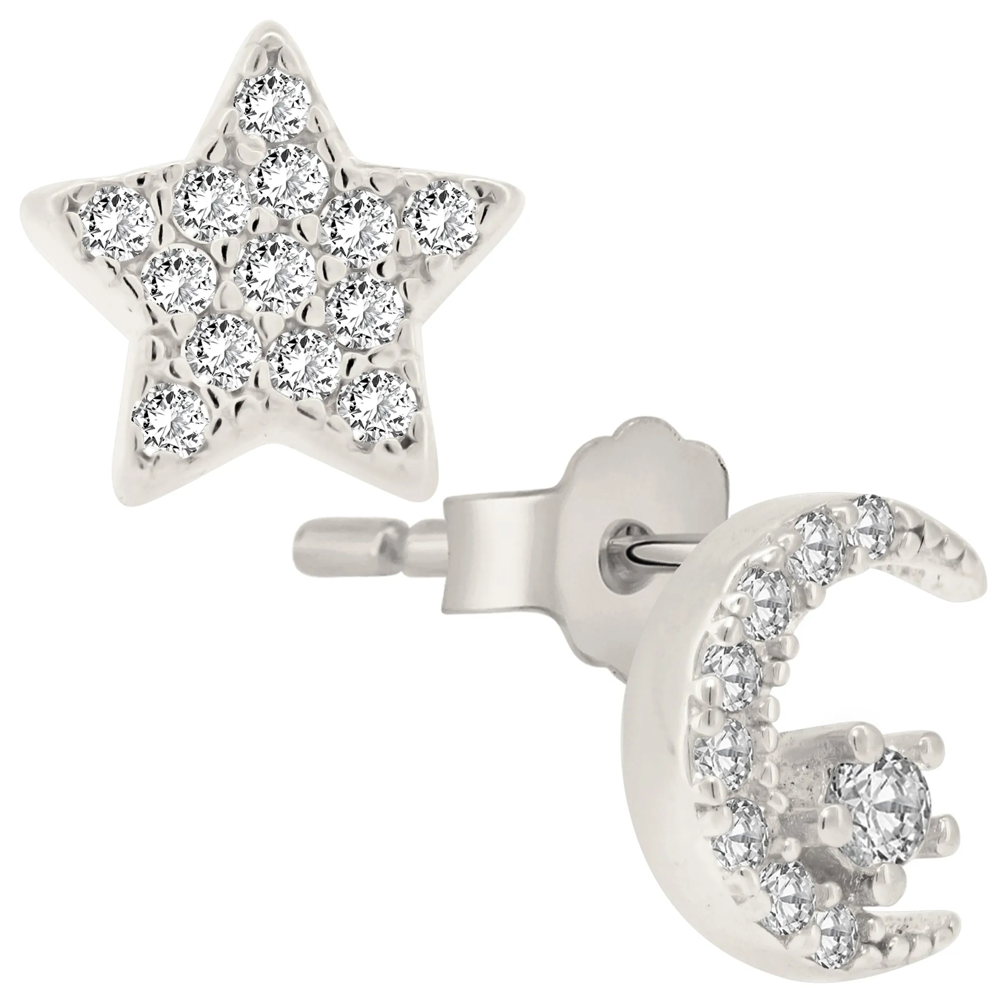 925 Sterling Silver Crescent Moon and Star Design with Cubic Zirconia Earrings Stud Push Backing