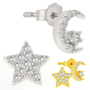 925 Sterling Silver Crescent Moon and Star Design with Cubic Zirconia Earrings Stud Push Backing