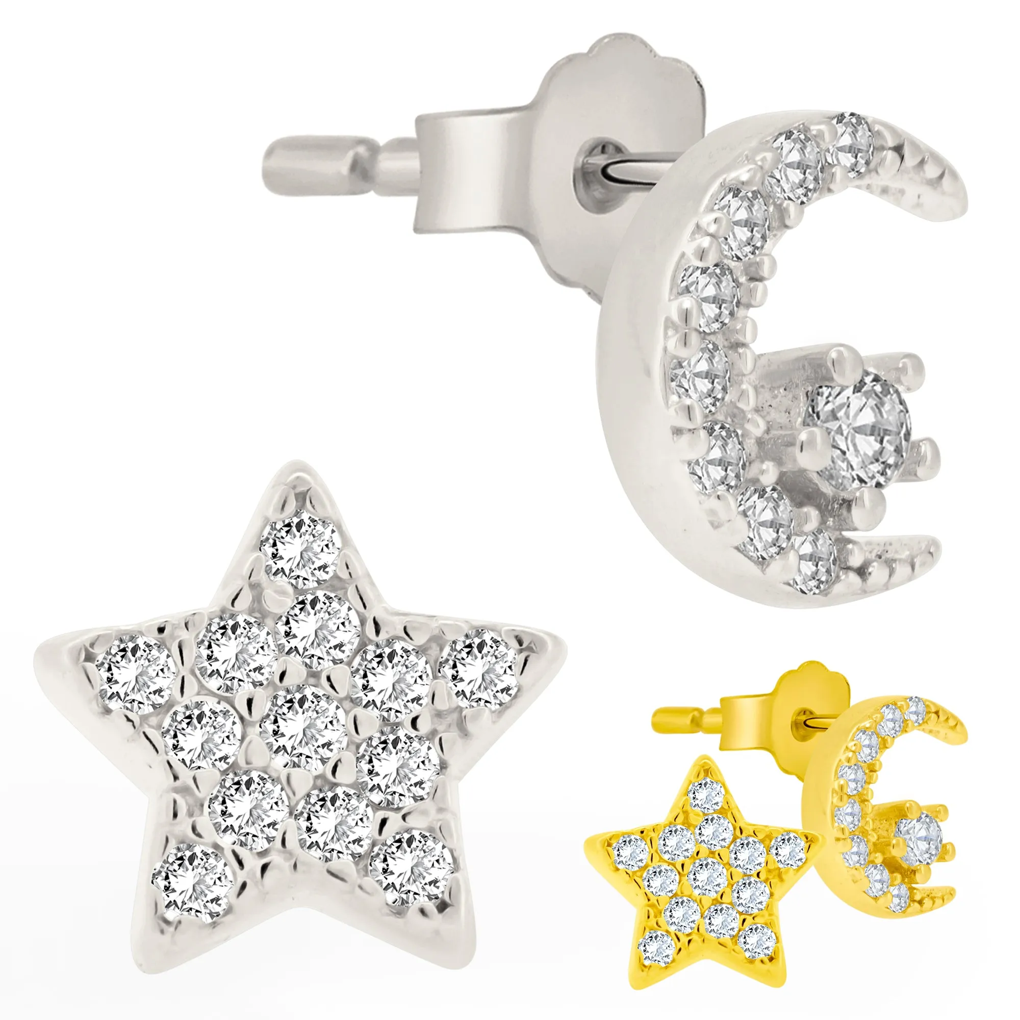 925 Sterling Silver Crescent Moon and Star Design with Cubic Zirconia Earrings Stud Push Backing