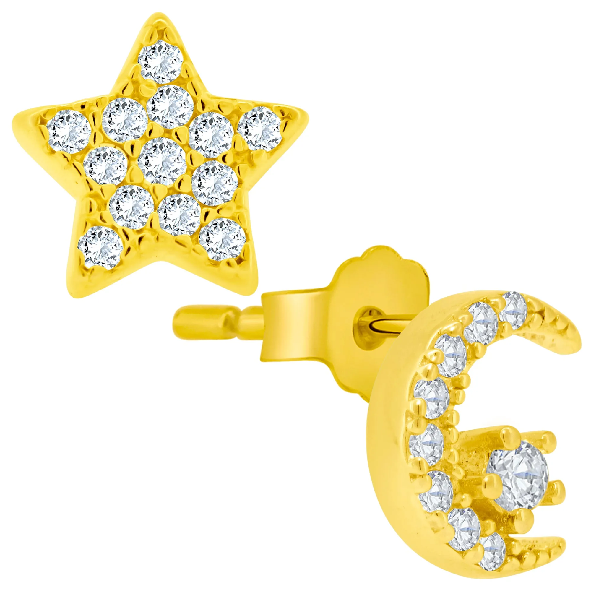 925 Sterling Silver Crescent Moon and Star Design with Cubic Zirconia Earrings Stud Push Backing