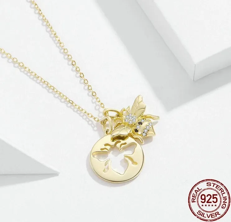 925 Sterling Silver Gold Queen Bee with Cubic Zirconia Pendant Necklace