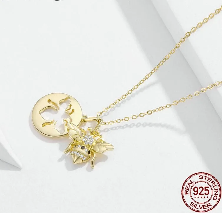925 Sterling Silver Gold Queen Bee with Cubic Zirconia Pendant Necklace