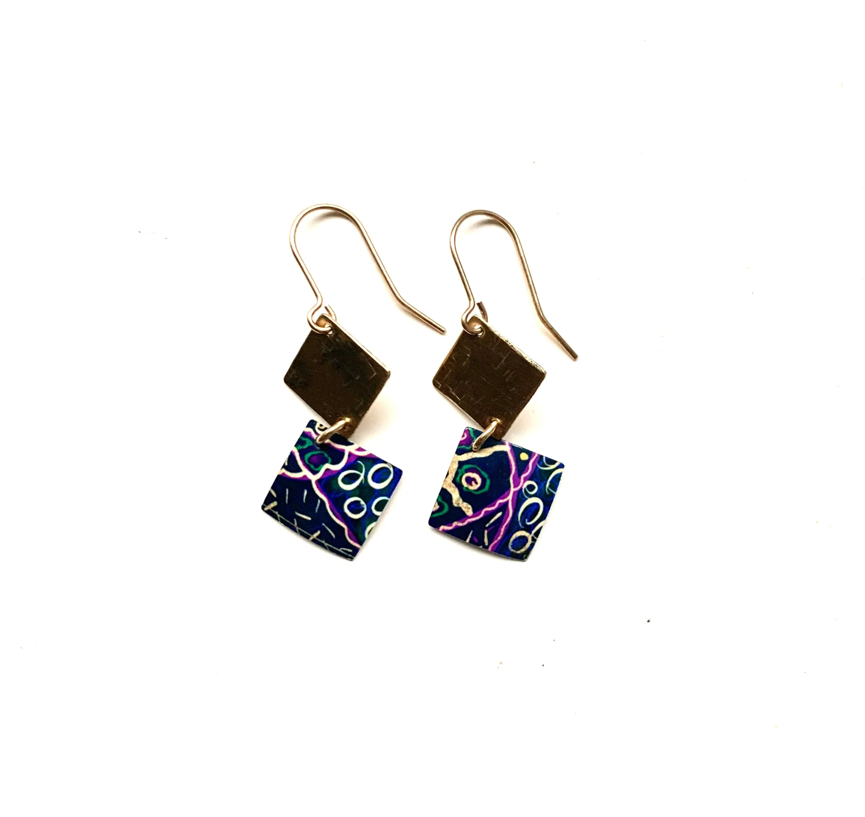 9ct Gold / deep blue swirl pink yellow pattern  aluminium Earrings