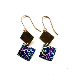9ct Gold / deep blue swirl pink yellow pattern  aluminium Earrings
