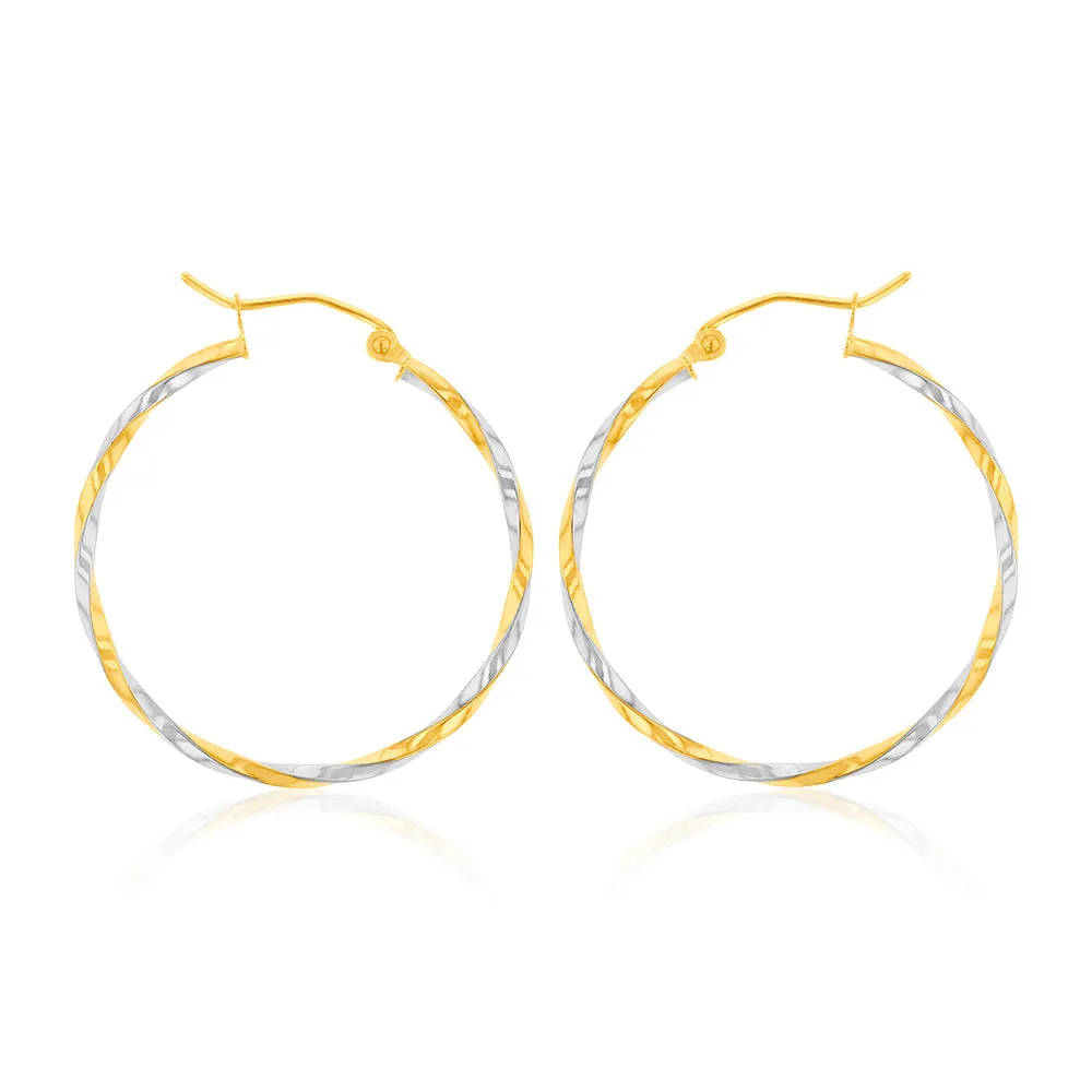 9ct Two Tone Gold High Polish Twist Hoop Earrings