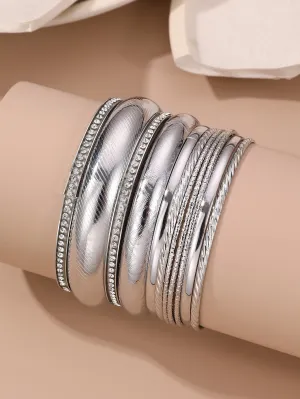 9pcs/set Silver-tone Stylish Textured Rhinestone Bangle Bracelets Fashion