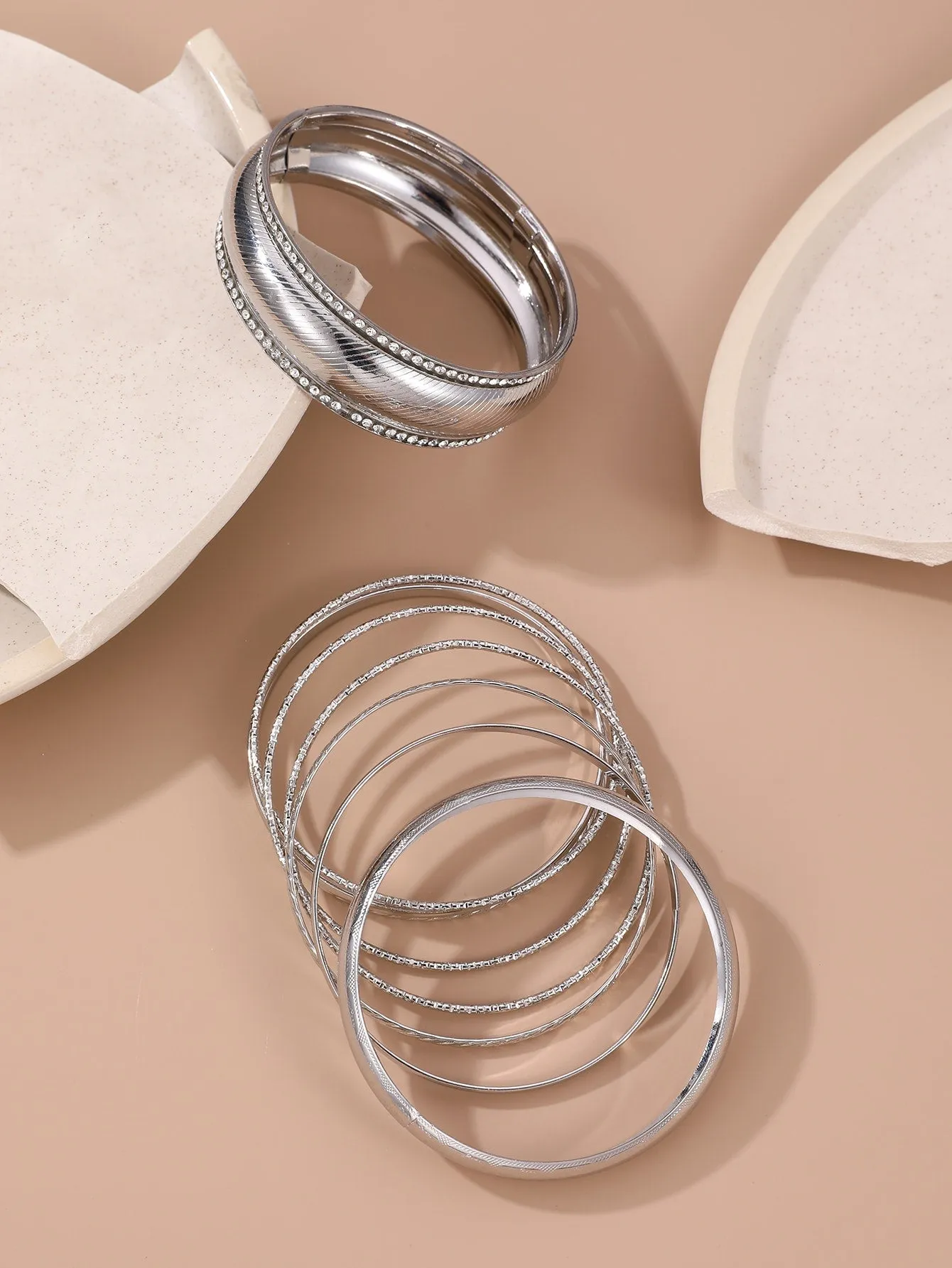 9pcs/set Silver-tone Stylish Textured Rhinestone Bangle Bracelets Fashion