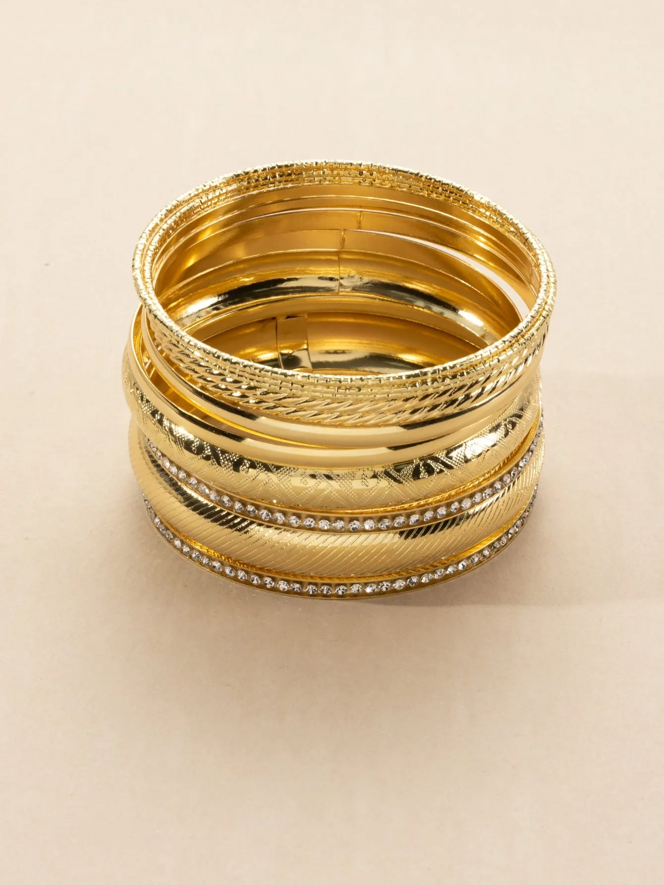 9pcs/set Silver-tone Stylish Textured Rhinestone Bangle Bracelets Fashion