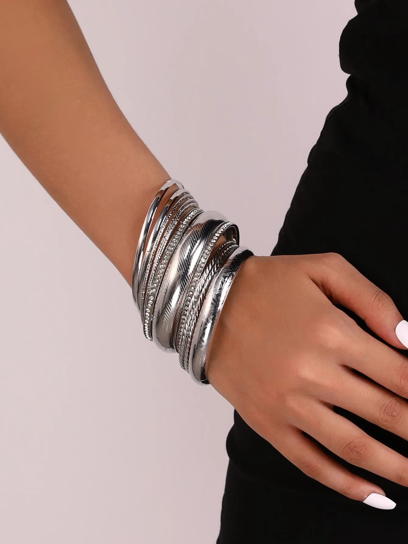 9pcs/set Silver-tone Stylish Textured Rhinestone Bangle Bracelets Fashion