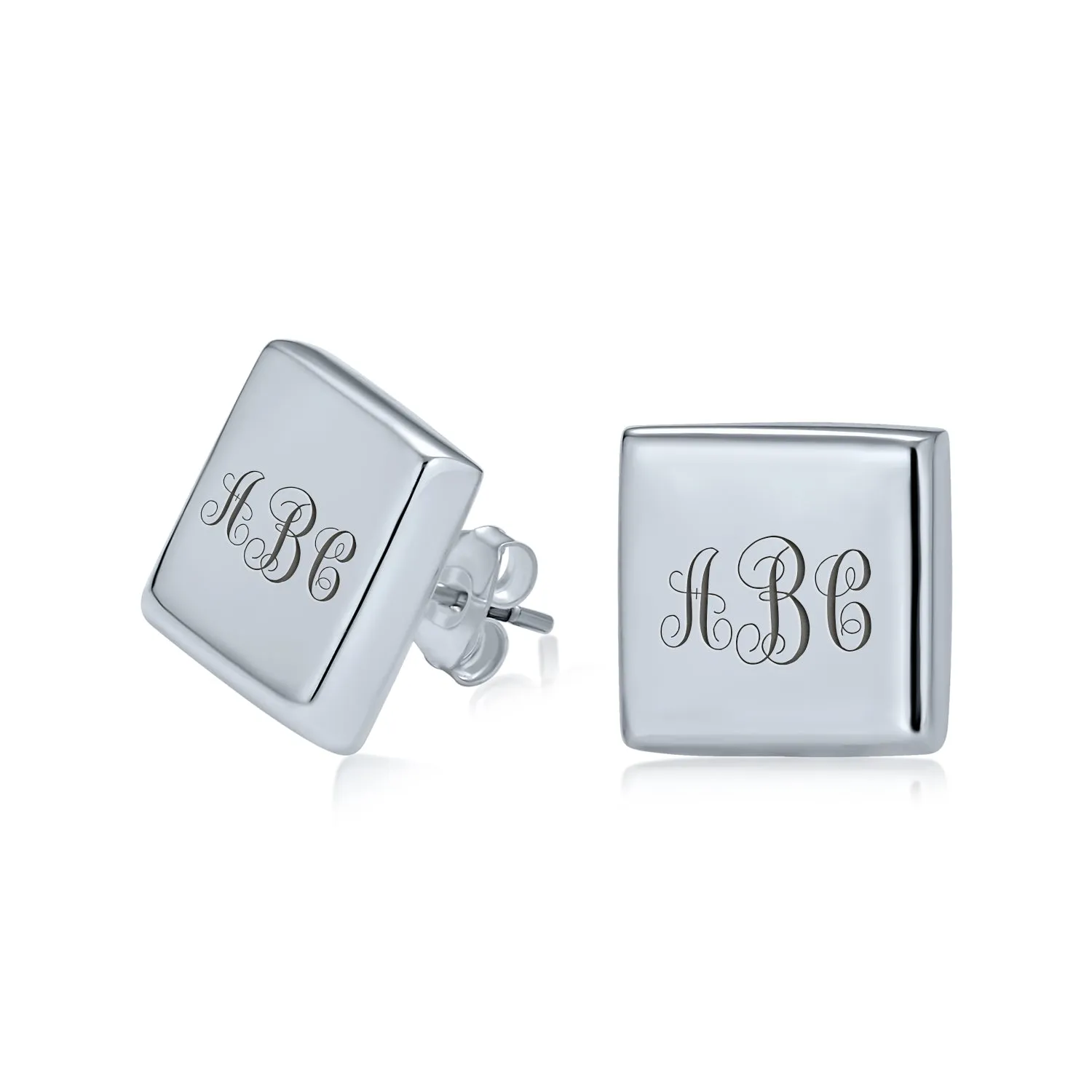 ABC Initials Geometric Square Flat Disc Stud Earrings Sterling Silver 15MM