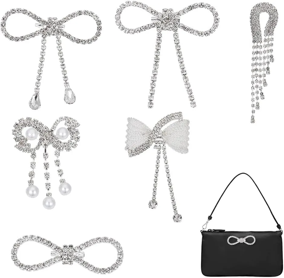AHANDMAKER 6Pcs 6 Styles Rhinestone Bowknot Brooch Pin, Vintage Fashion Butterfly Tassel Brooch Pins for Women Daily Wear Parties Weddings Celebration, Platinum