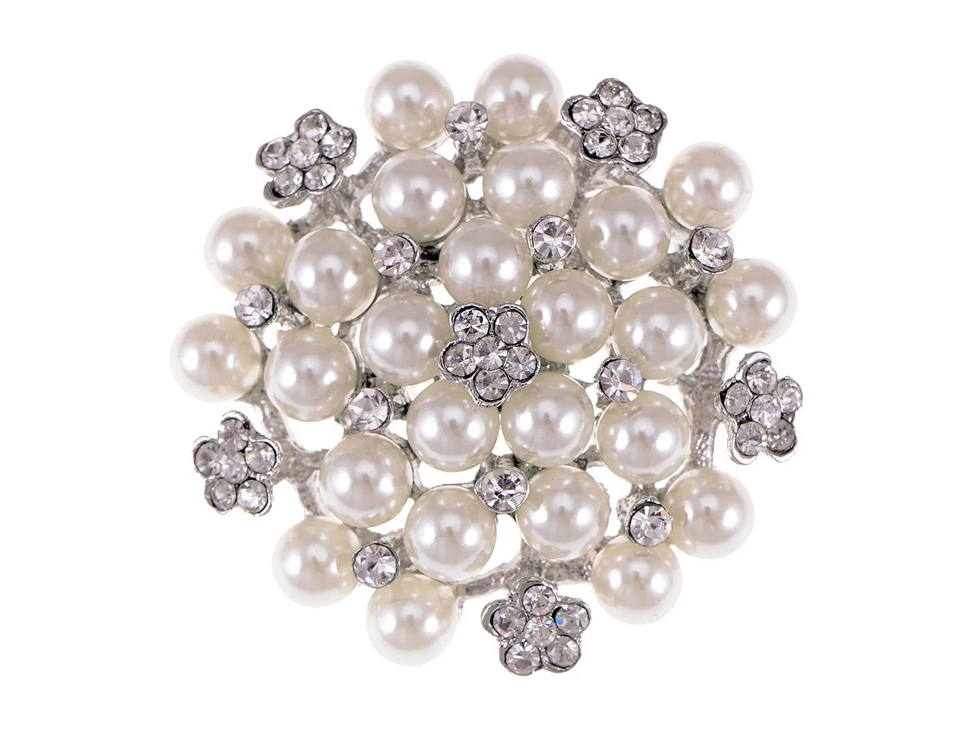 Alilang Silvery Tone Crystal Rhinestone Faux Pearl Flower Fashion Pin Brooch White