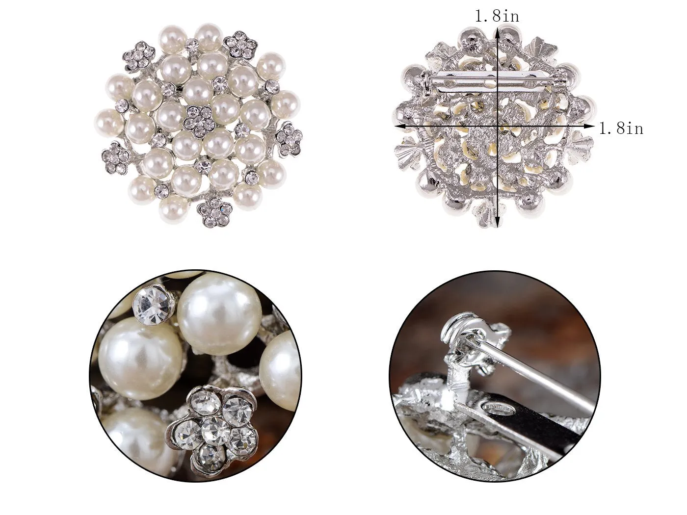 Alilang Silvery Tone Crystal Rhinestone Faux Pearl Flower Fashion Pin Brooch White