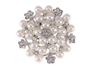 Alilang Silvery Tone Crystal Rhinestone Faux Pearl Flower Fashion Pin Brooch White