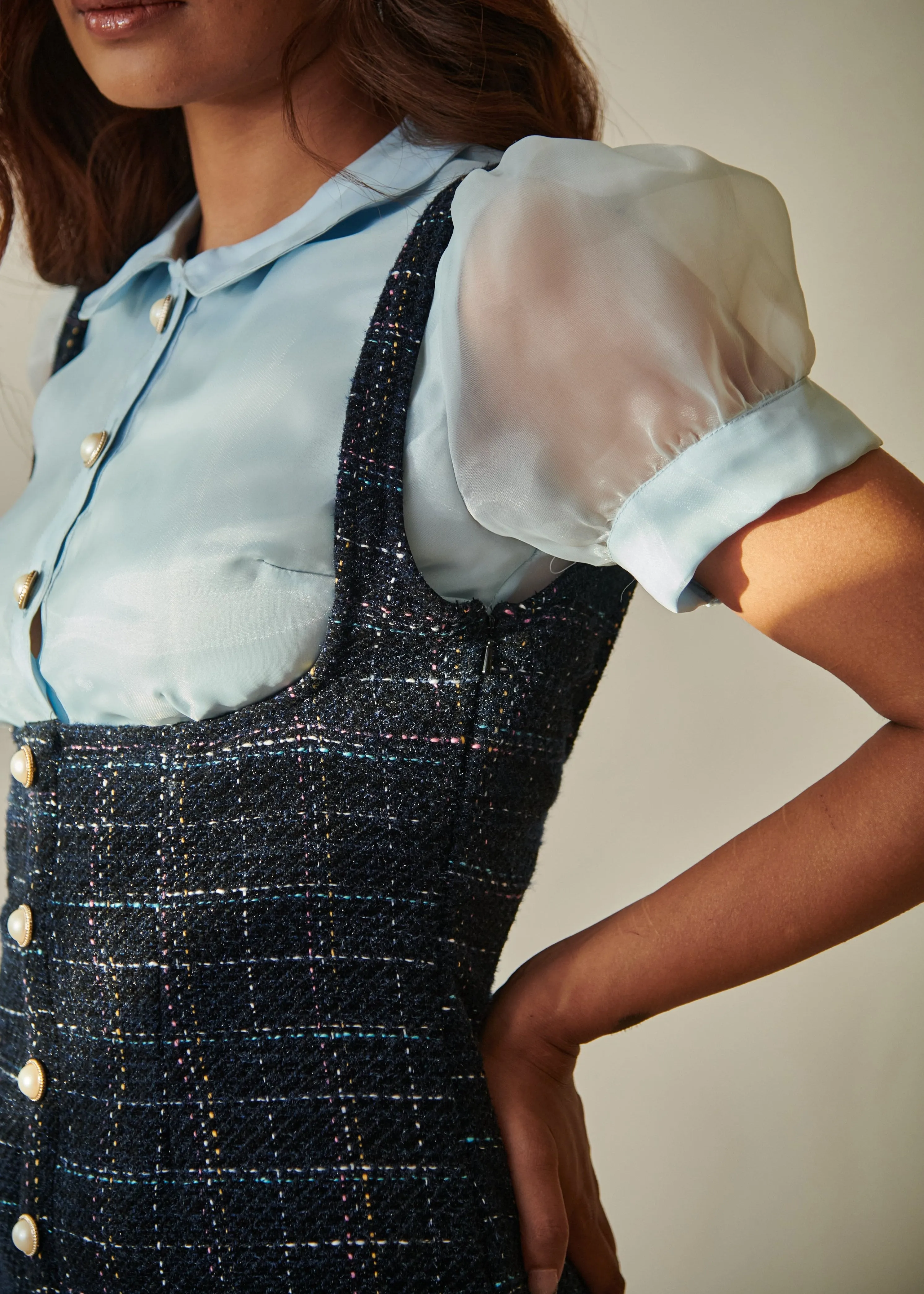 Barbara Blue Tweed Pinafore Dress and Organza Shirt Set CL
