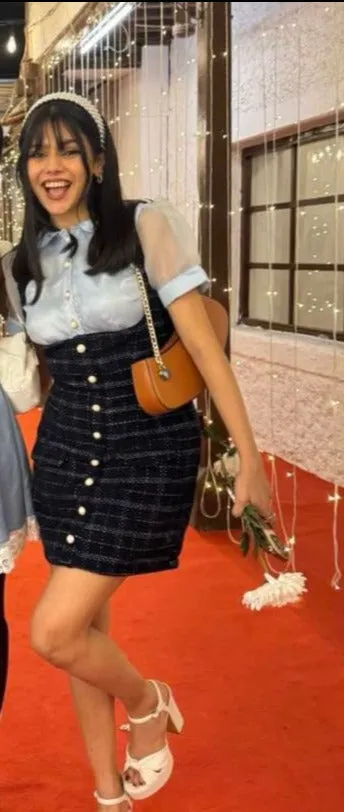 Barbara Blue Tweed Pinafore Dress and Organza Shirt Set CL