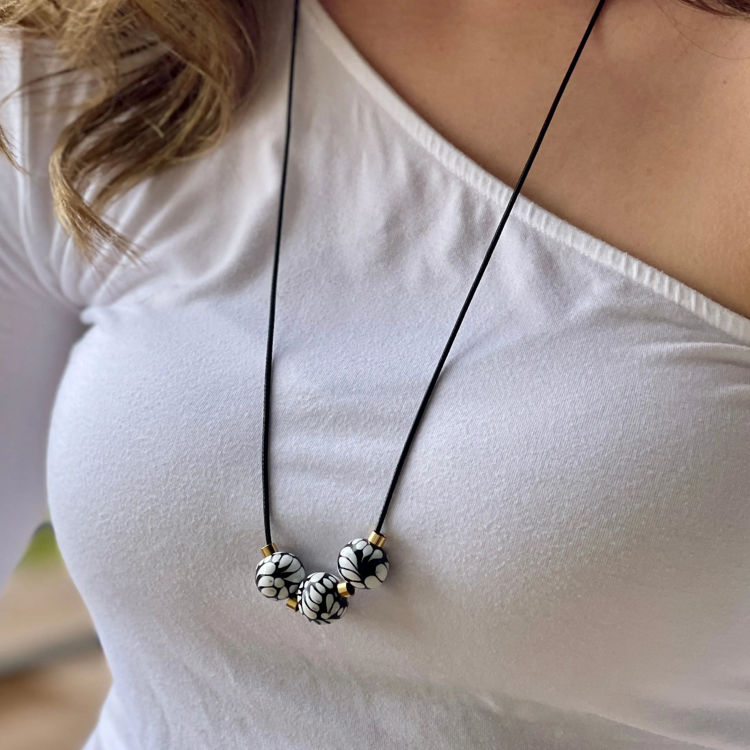 Black Talavera Necklace with Three Round Beads from Puebla Mexico