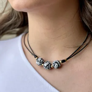 Black Talavera Necklace with Three Round Beads from Puebla Mexico