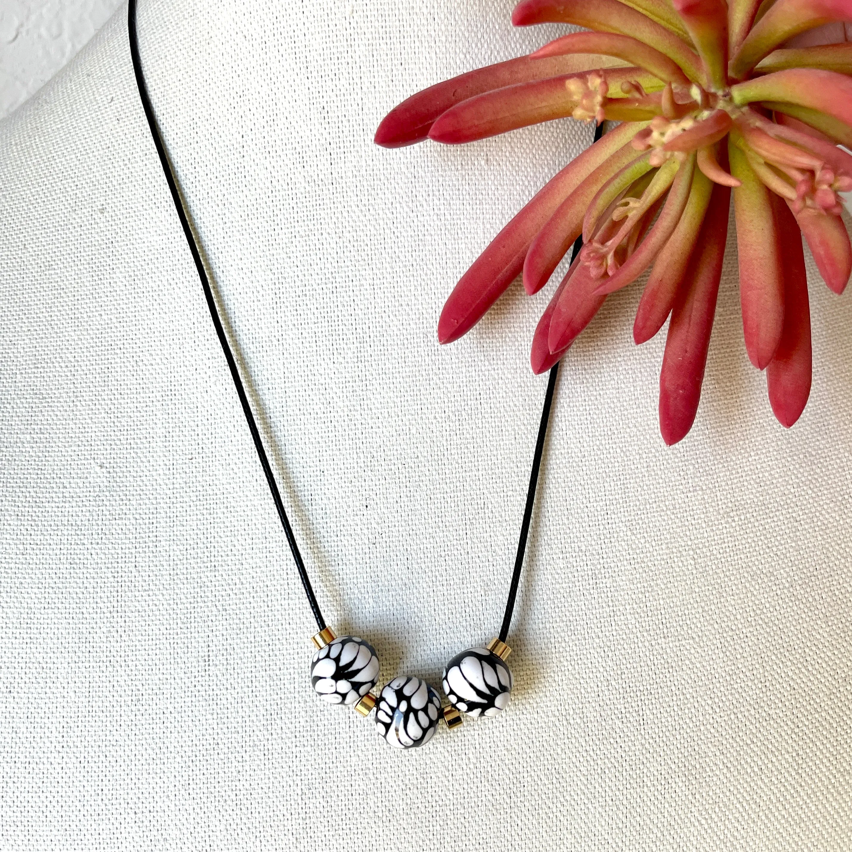 Black Talavera Necklace with Three Round Beads from Puebla Mexico