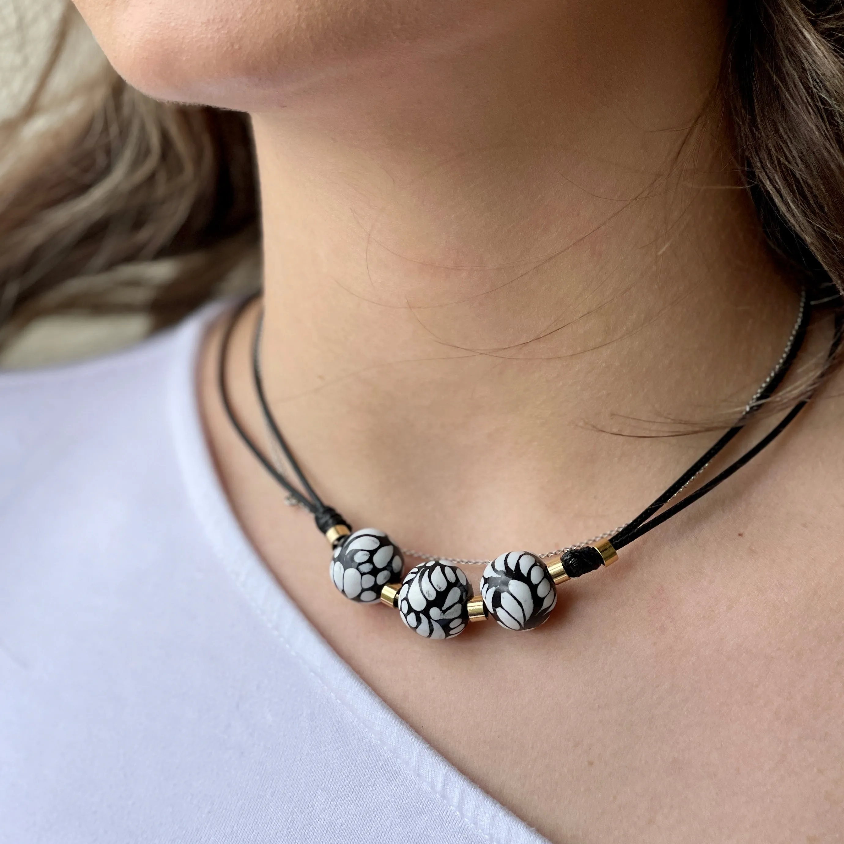 Black Talavera Necklace with Three Round Beads from Puebla Mexico