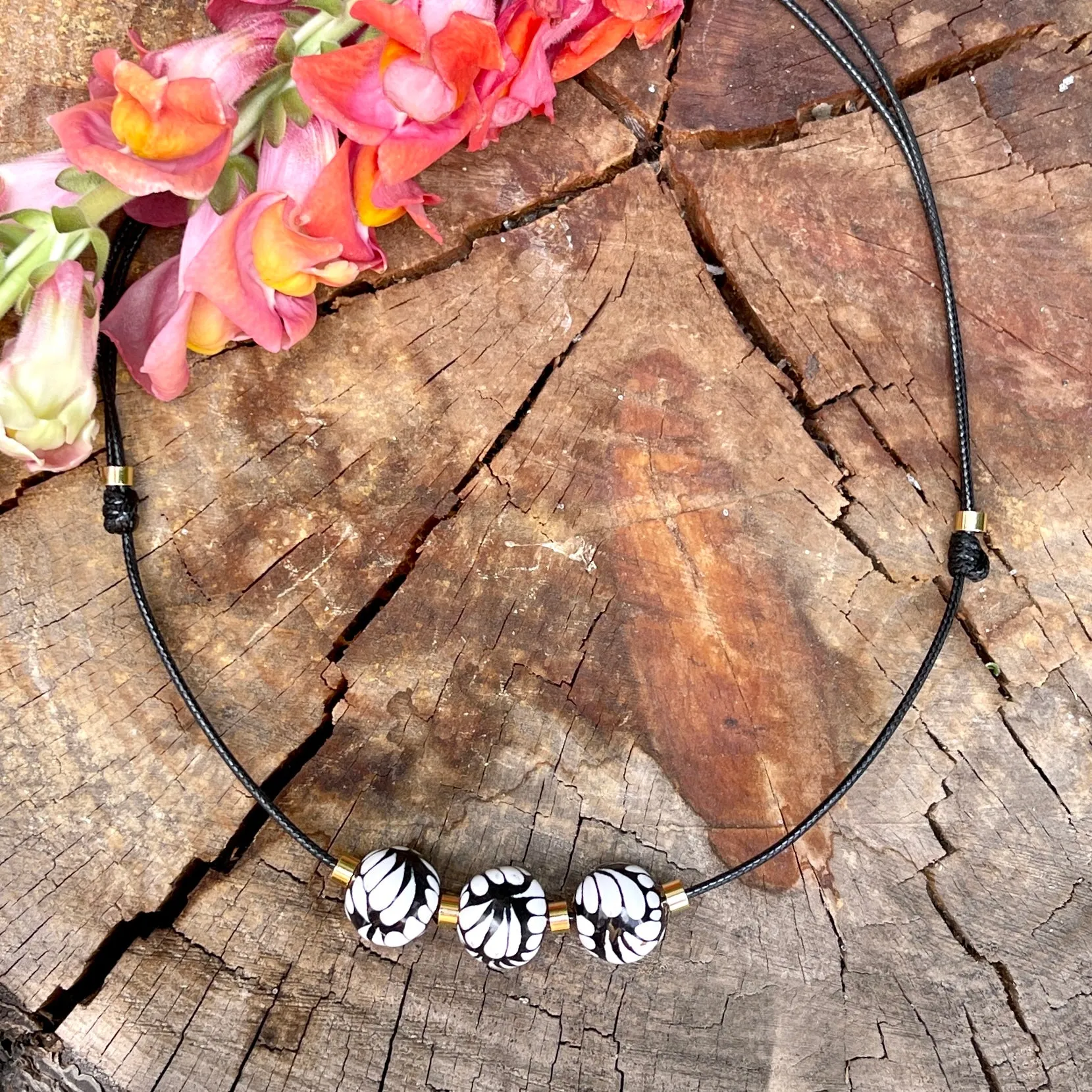 Black Talavera Necklace with Three Round Beads from Puebla Mexico