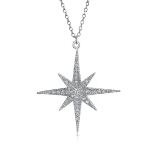 Celestial 8-Point North Star Burst Pendant Necklace with CZ in Sterling Silver