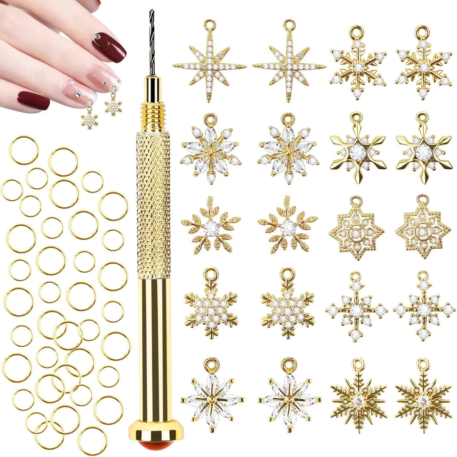 Christmas Snowflake Dangle Nail Charm, Kalolary 20 Pcs Christmas Piercing Gold Nail Rhinestone Set Alloy Jewelry Hoops with Nail Piercing Tool Hand Drill for Winter Nail Art Decoration