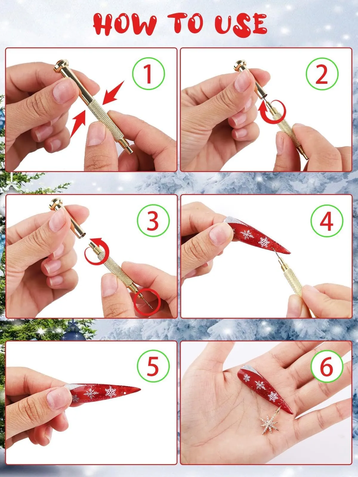 Christmas Snowflake Dangle Nail Charm, Kalolary 20 Pcs Christmas Piercing Gold Nail Rhinestone Set Alloy Jewelry Hoops with Nail Piercing Tool Hand Drill for Winter Nail Art Decoration