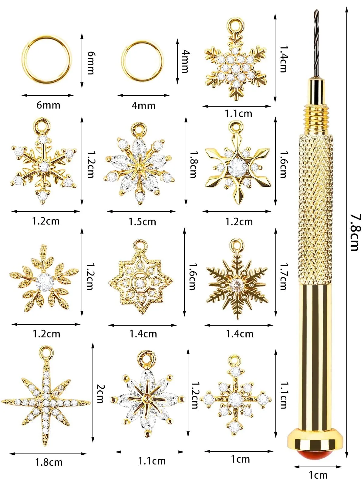 Christmas Snowflake Dangle Nail Charm, Kalolary 20 Pcs Christmas Piercing Gold Nail Rhinestone Set Alloy Jewelry Hoops with Nail Piercing Tool Hand Drill for Winter Nail Art Decoration