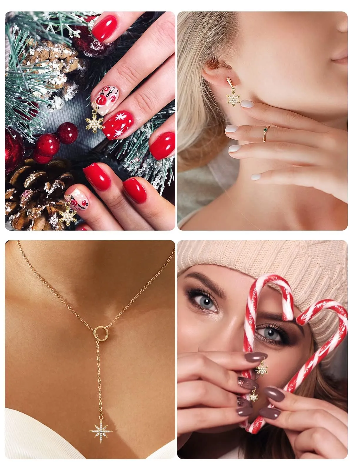 Christmas Snowflake Dangle Nail Charm, Kalolary 20 Pcs Christmas Piercing Gold Nail Rhinestone Set Alloy Jewelry Hoops with Nail Piercing Tool Hand Drill for Winter Nail Art Decoration