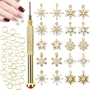 Christmas Snowflake Dangle Nail Charm, Kalolary 20 Pcs Christmas Piercing Gold Nail Rhinestone Set Alloy Jewelry Hoops with Nail Piercing Tool Hand Drill for Winter Nail Art Decoration