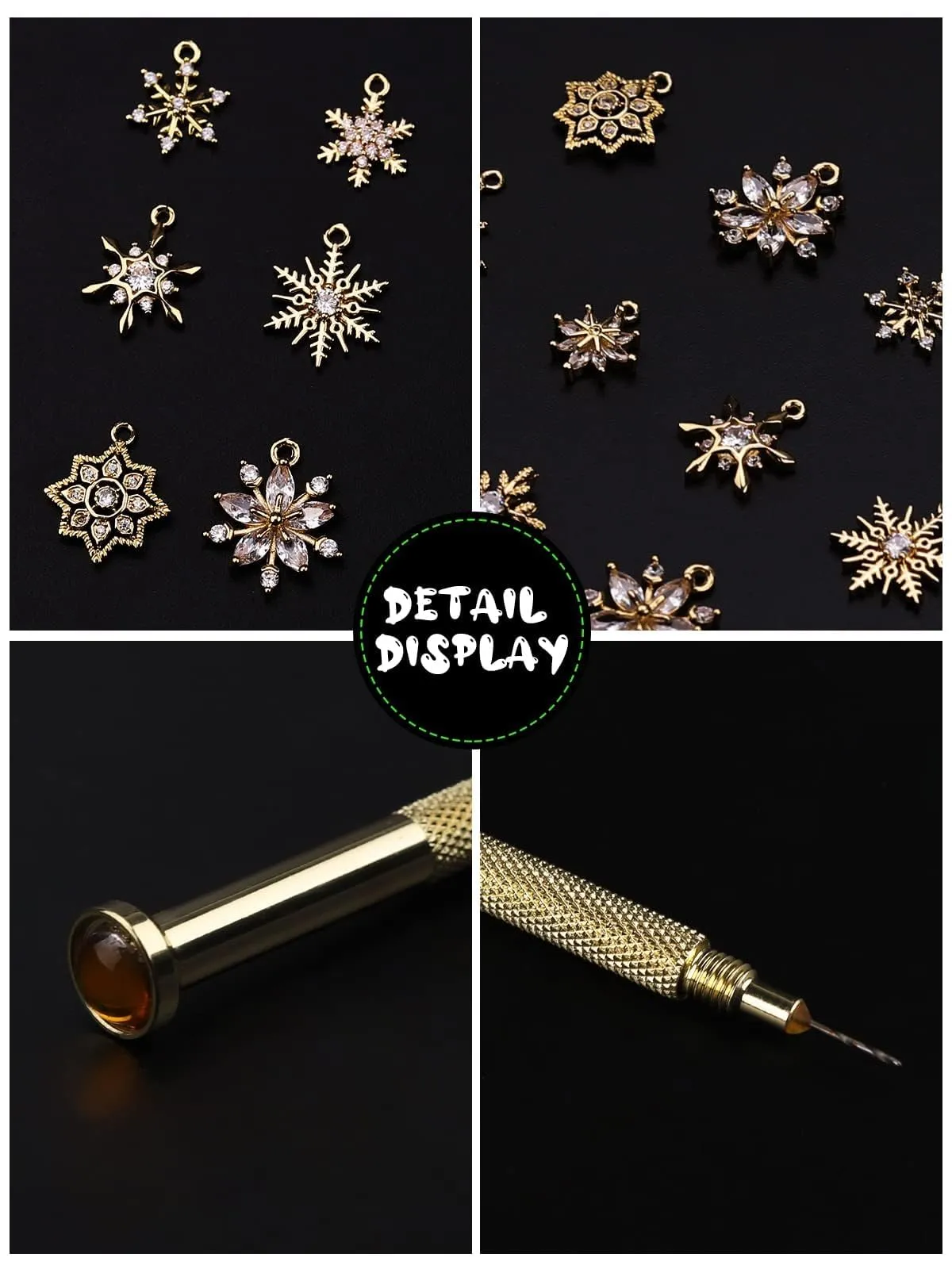 Christmas Snowflake Dangle Nail Charm, Kalolary 20 Pcs Christmas Piercing Gold Nail Rhinestone Set Alloy Jewelry Hoops with Nail Piercing Tool Hand Drill for Winter Nail Art Decoration