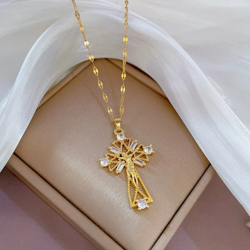 Clavicle Chain Light Luxury Cross Flower Micro-Set Zircon Pendant Necklace For Women