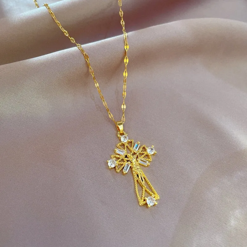 Clavicle Chain Light Luxury Cross Flower Micro-Set Zircon Pendant Necklace For Women