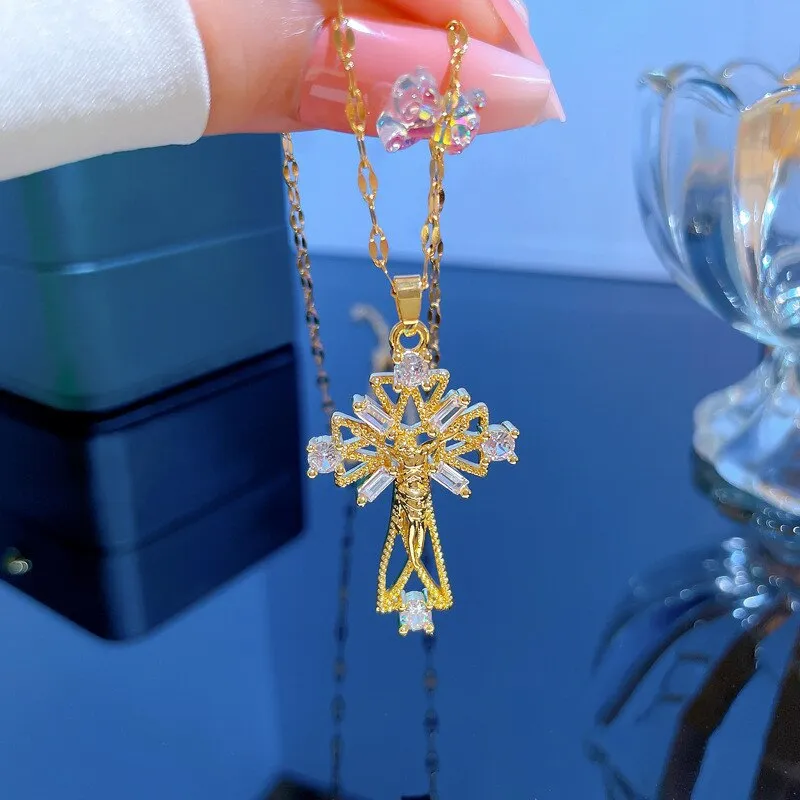 Clavicle Chain Light Luxury Cross Flower Micro-Set Zircon Pendant Necklace For Women