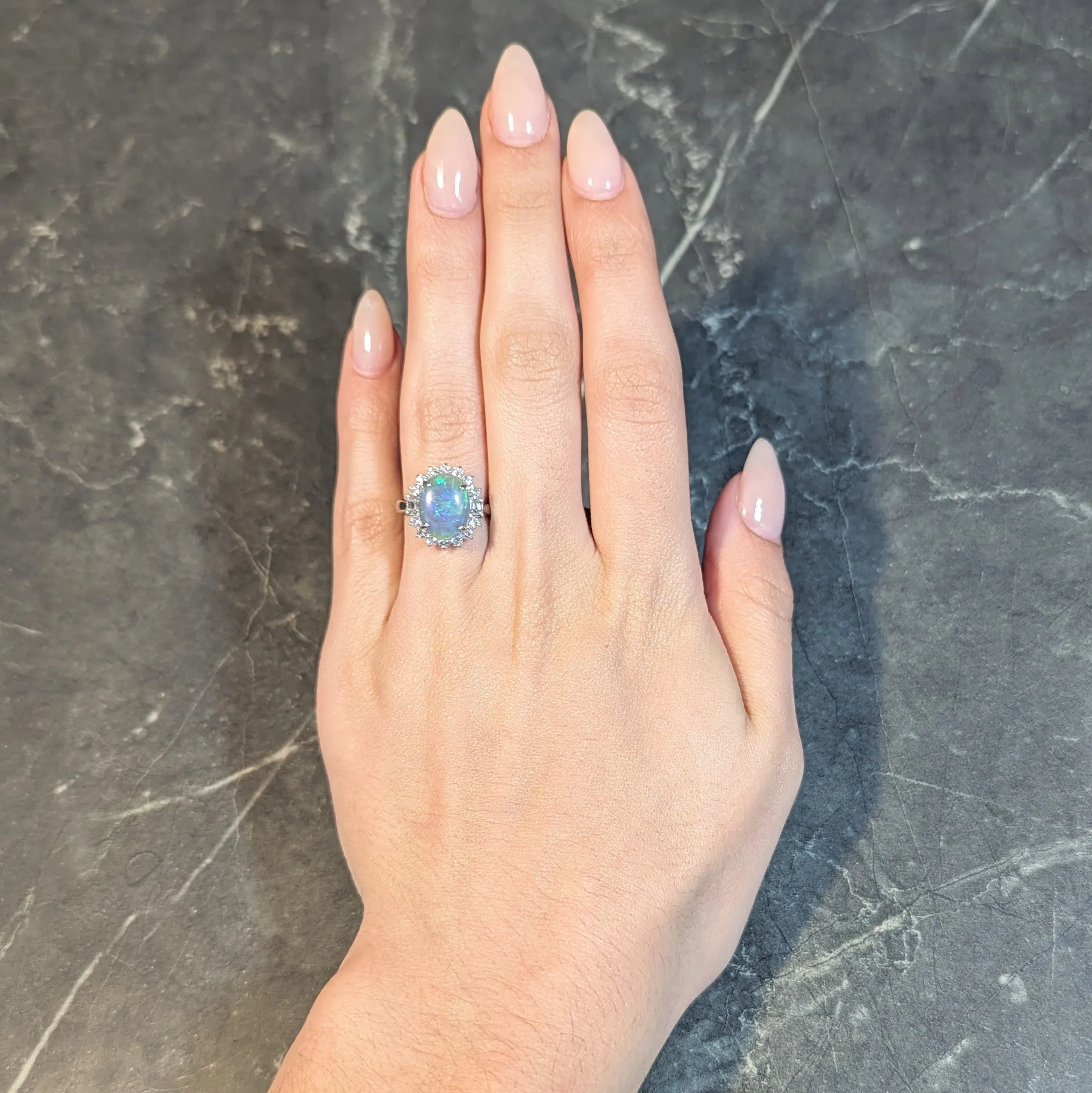 Contemporary 0.86 CTW Diamond Opal Platinum Halo Cluster Ring