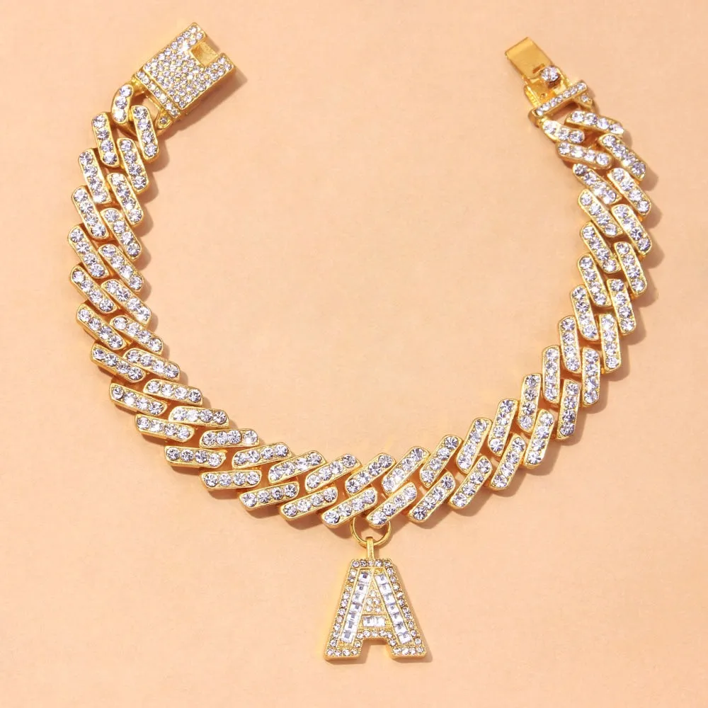 Crystal Hip Hop Cuban Link Initial A Z Alphabet Anklet