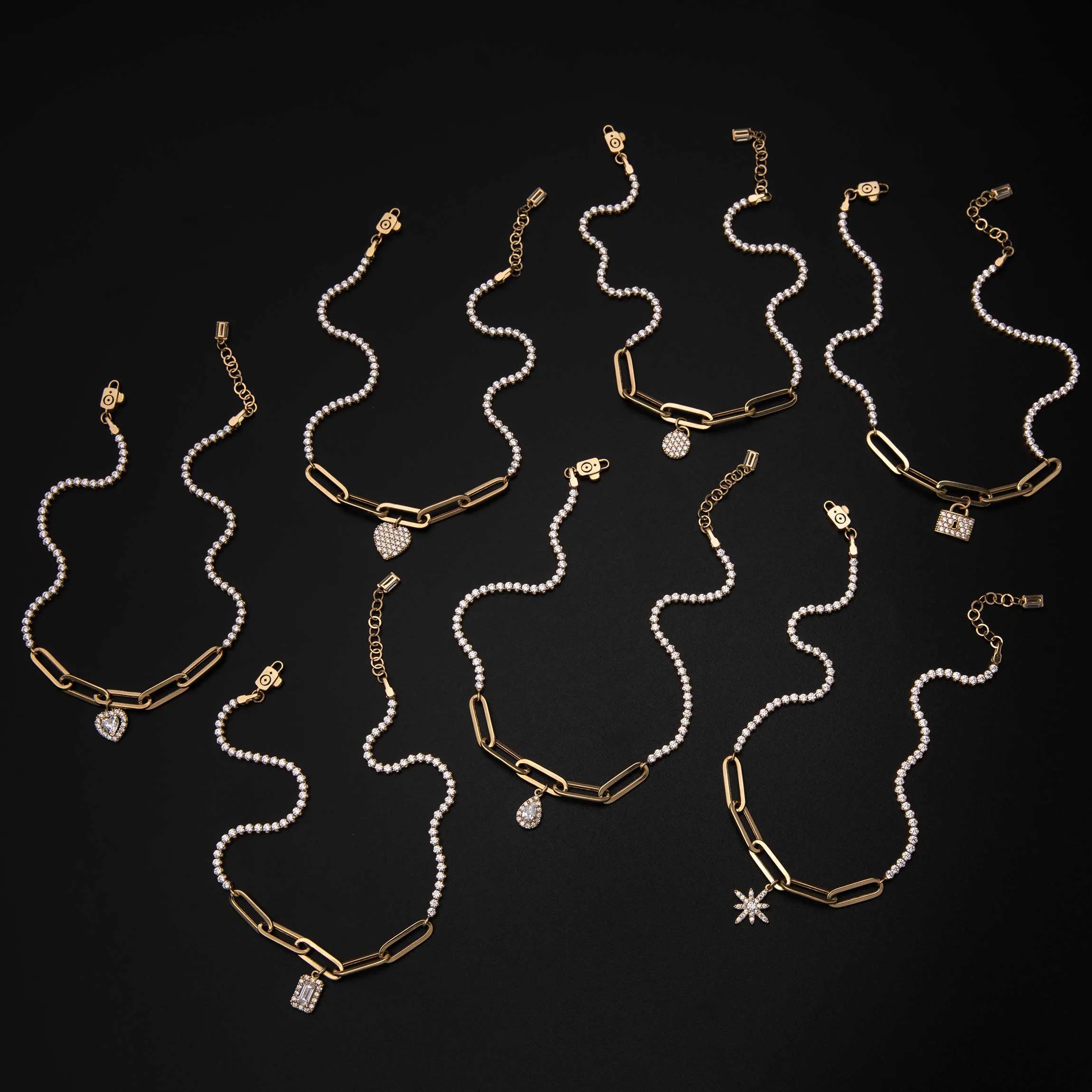 CZ Charm Paperclip Anklet 14K Yellow Gold