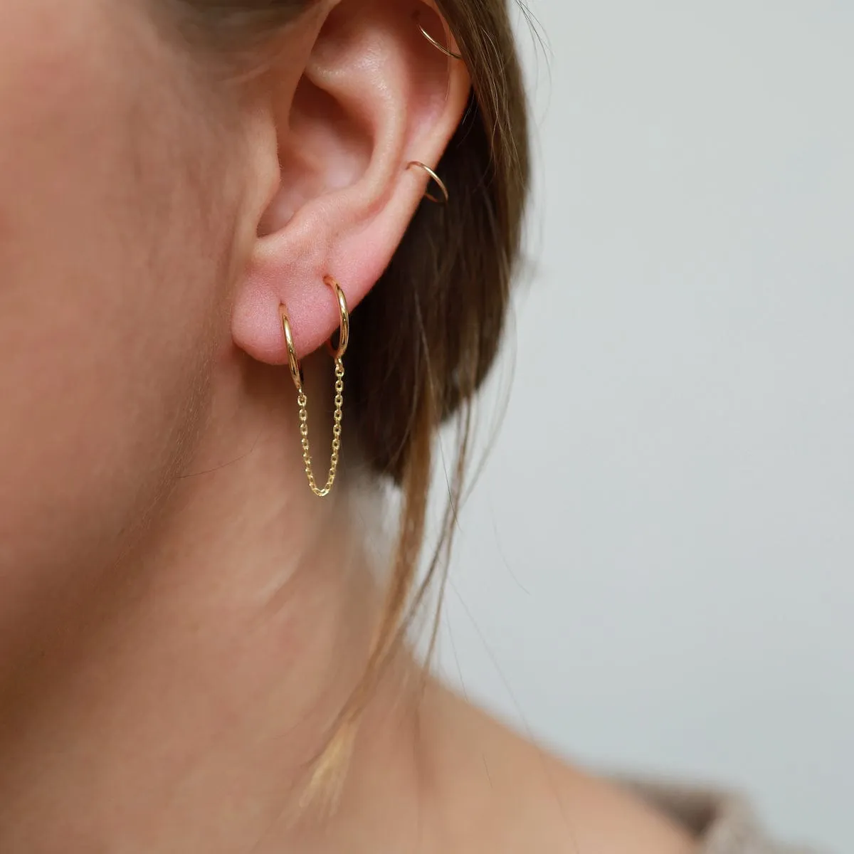 Double Pierce Hoops with Chain - Gold Vermeil