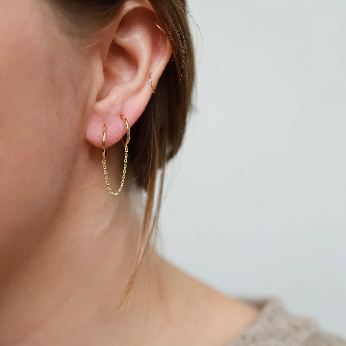 Double Pierce Hoops with Chain - Gold Vermeil