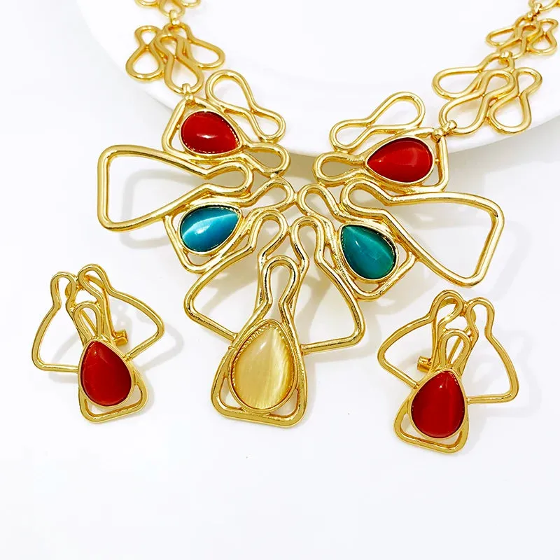Dubai Colorful Opal Jewelry Set Luxury Gorgeous  Women Necklaces European Jewelry Sets