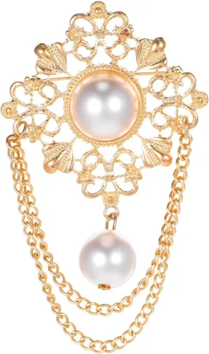 Elegant Round Pearl Brooches, Gold Hollow Filigree Flower Brooches Hanging Chain Brooch Pins Vintage Pearl Corsage Tassel Lapel Pins for Dress Suit Clothes Accessories Fashion Jewelry