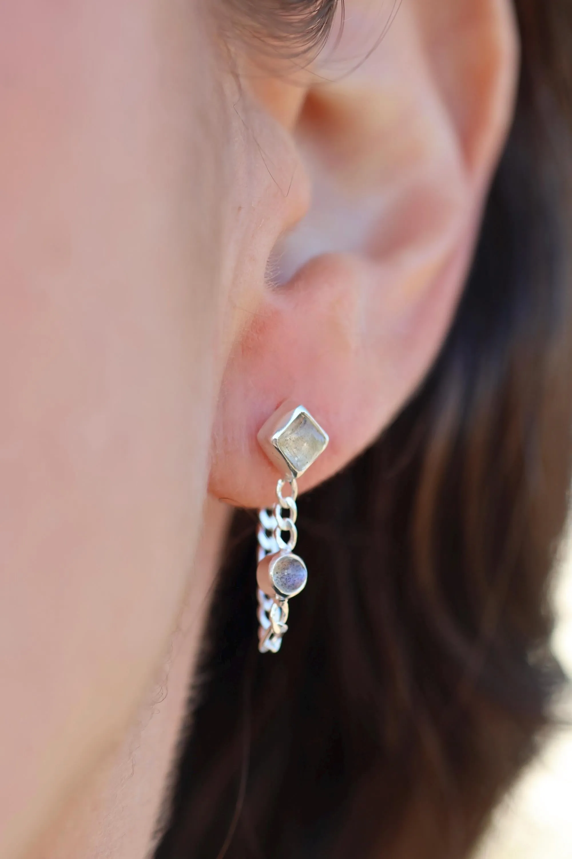 Evie Silver Labradorite Front to Back Stud Earrings