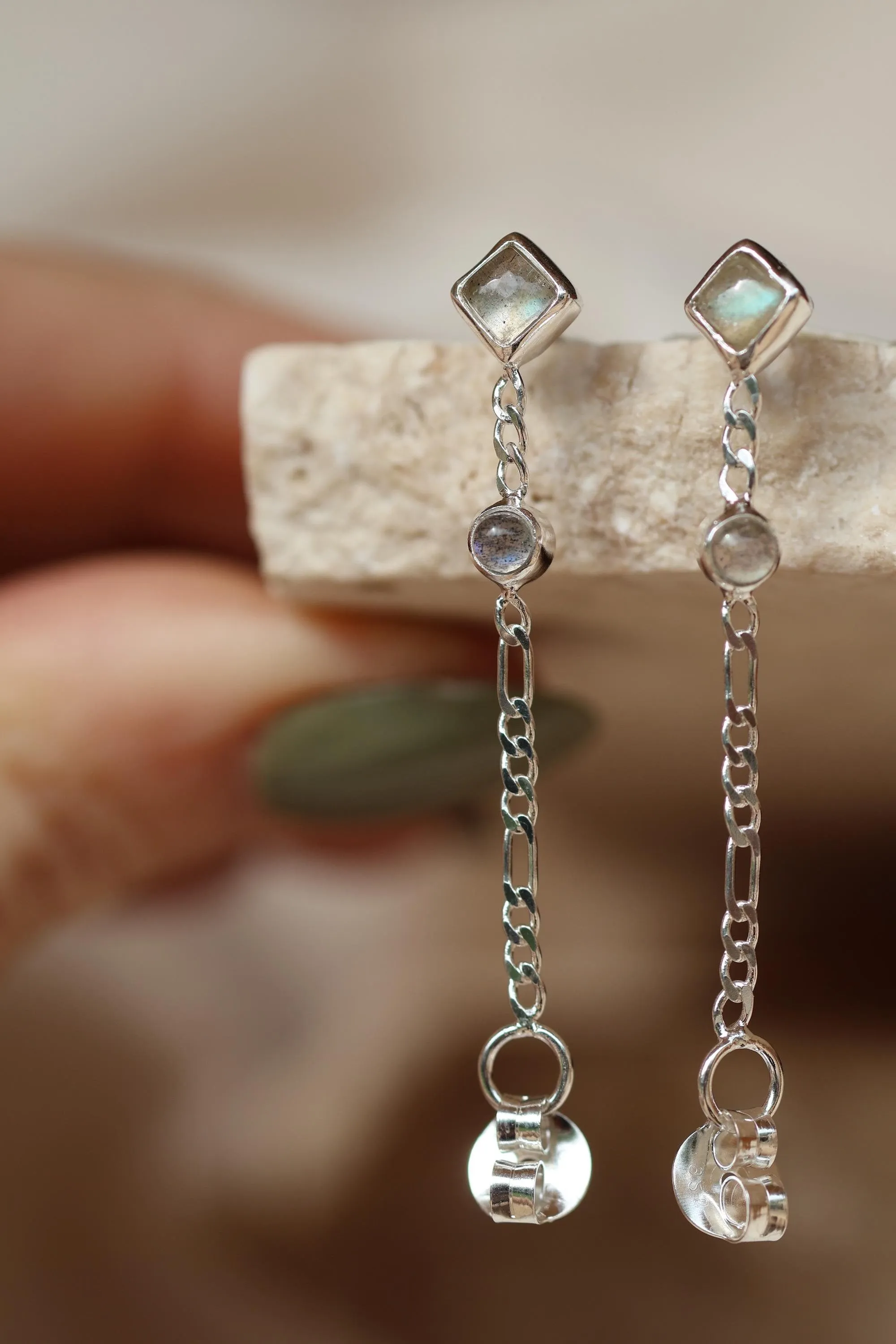 Evie Silver Labradorite Front to Back Stud Earrings