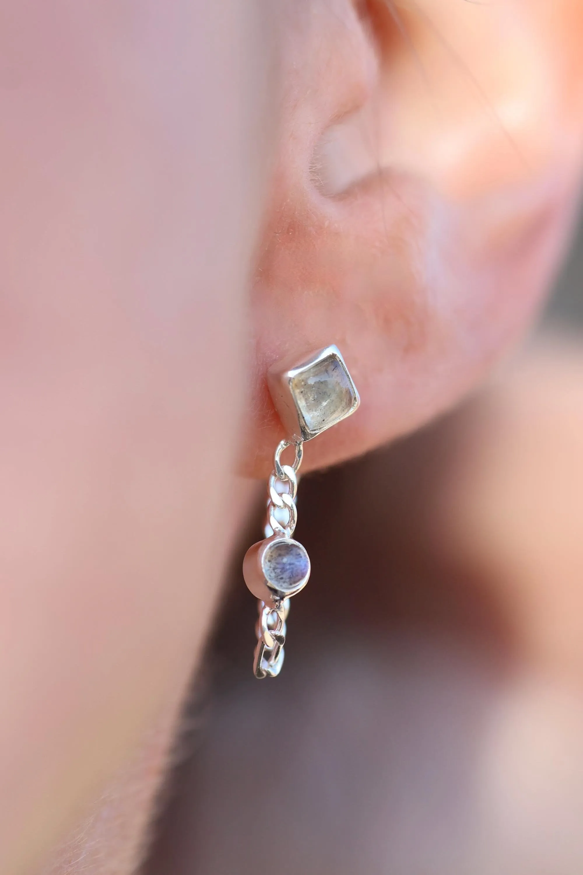 Evie Silver Labradorite Front to Back Stud Earrings