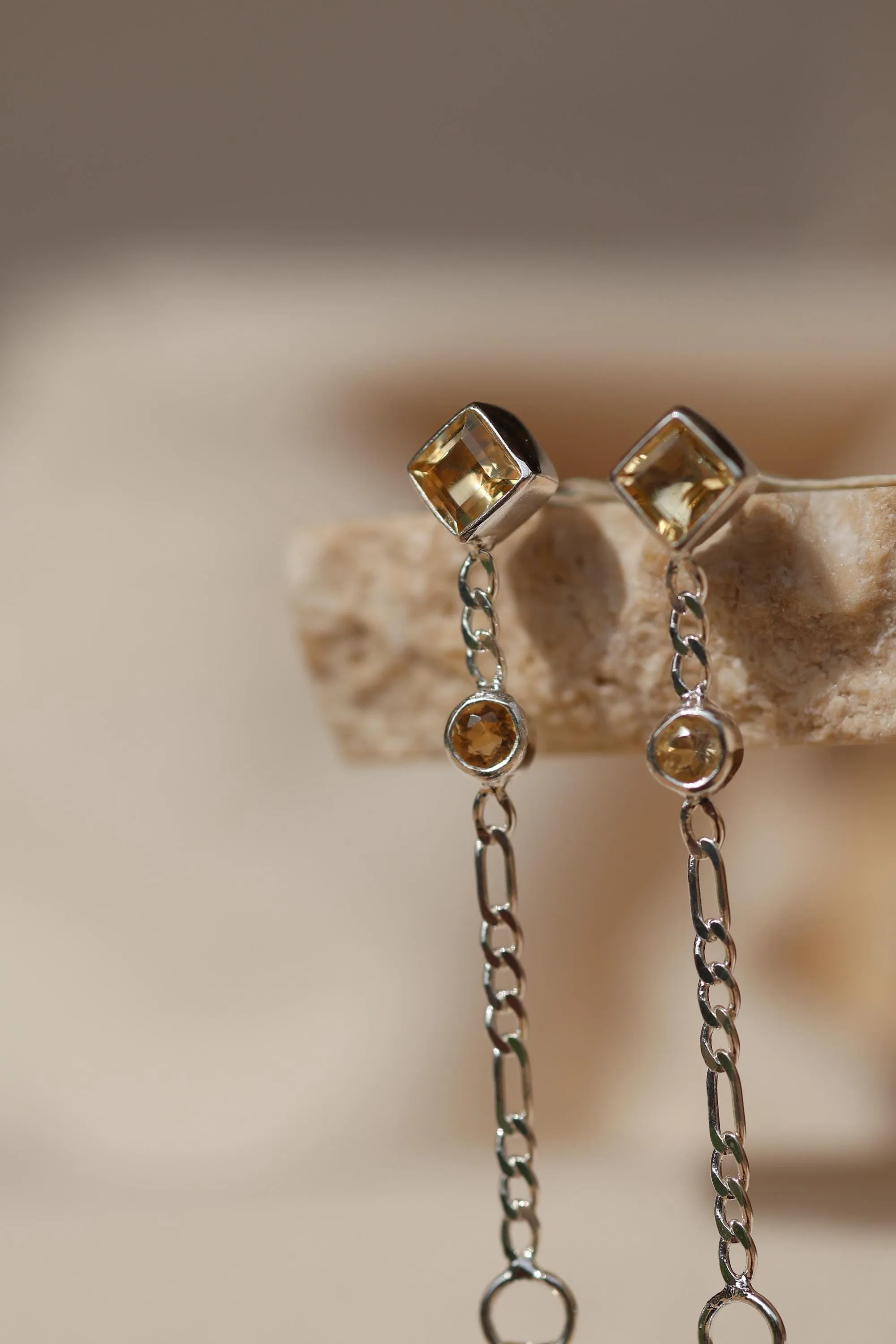Evie Sterling Silver Citrine Front to Back Square Square Stud Earrings