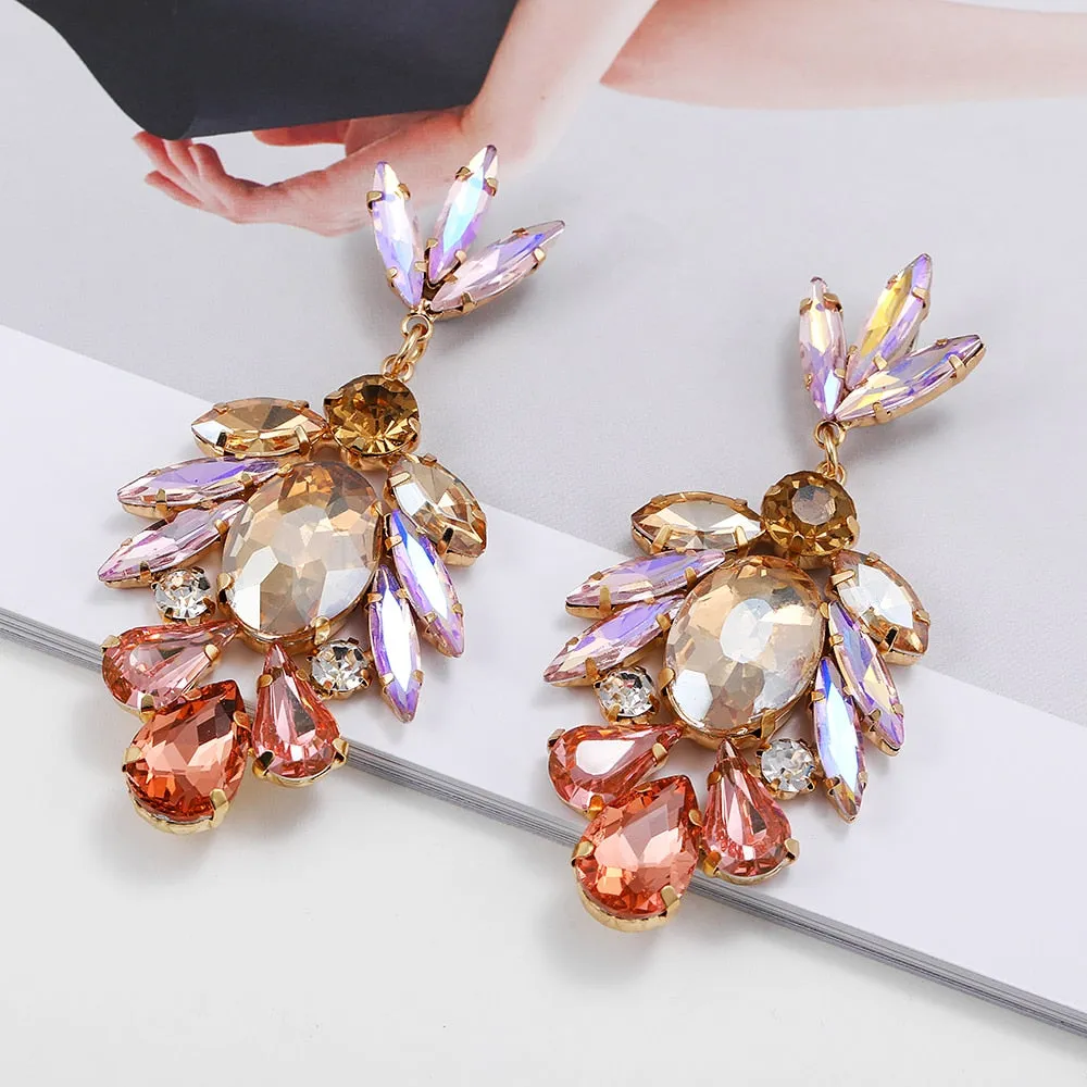 Fashion Sparkly Colorful Geometric Crystal Big Dangle Earrings For Women
