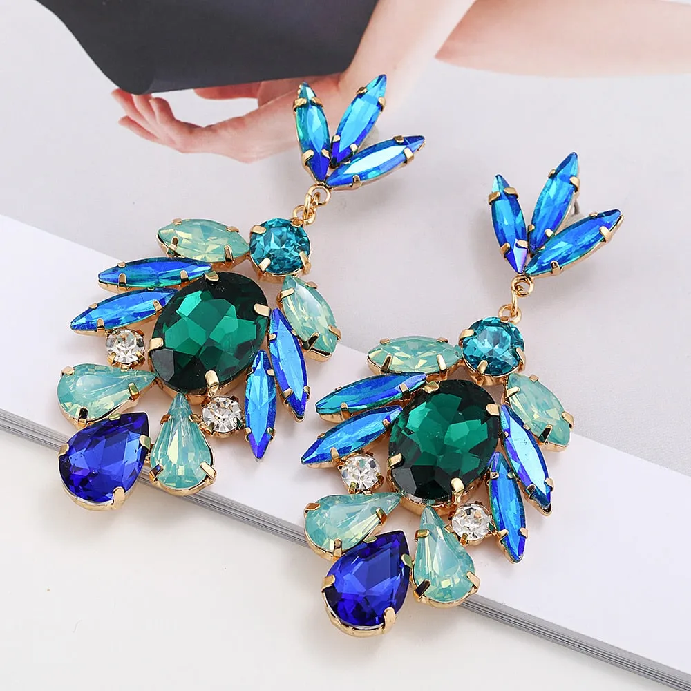 Fashion Sparkly Colorful Geometric Crystal Big Dangle Earrings For Women