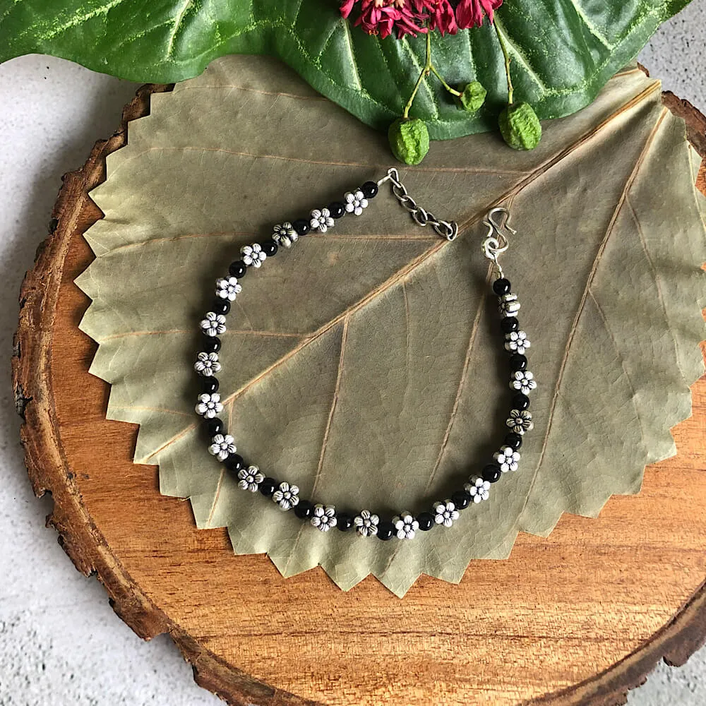 Flower Power Black Beads Anklet